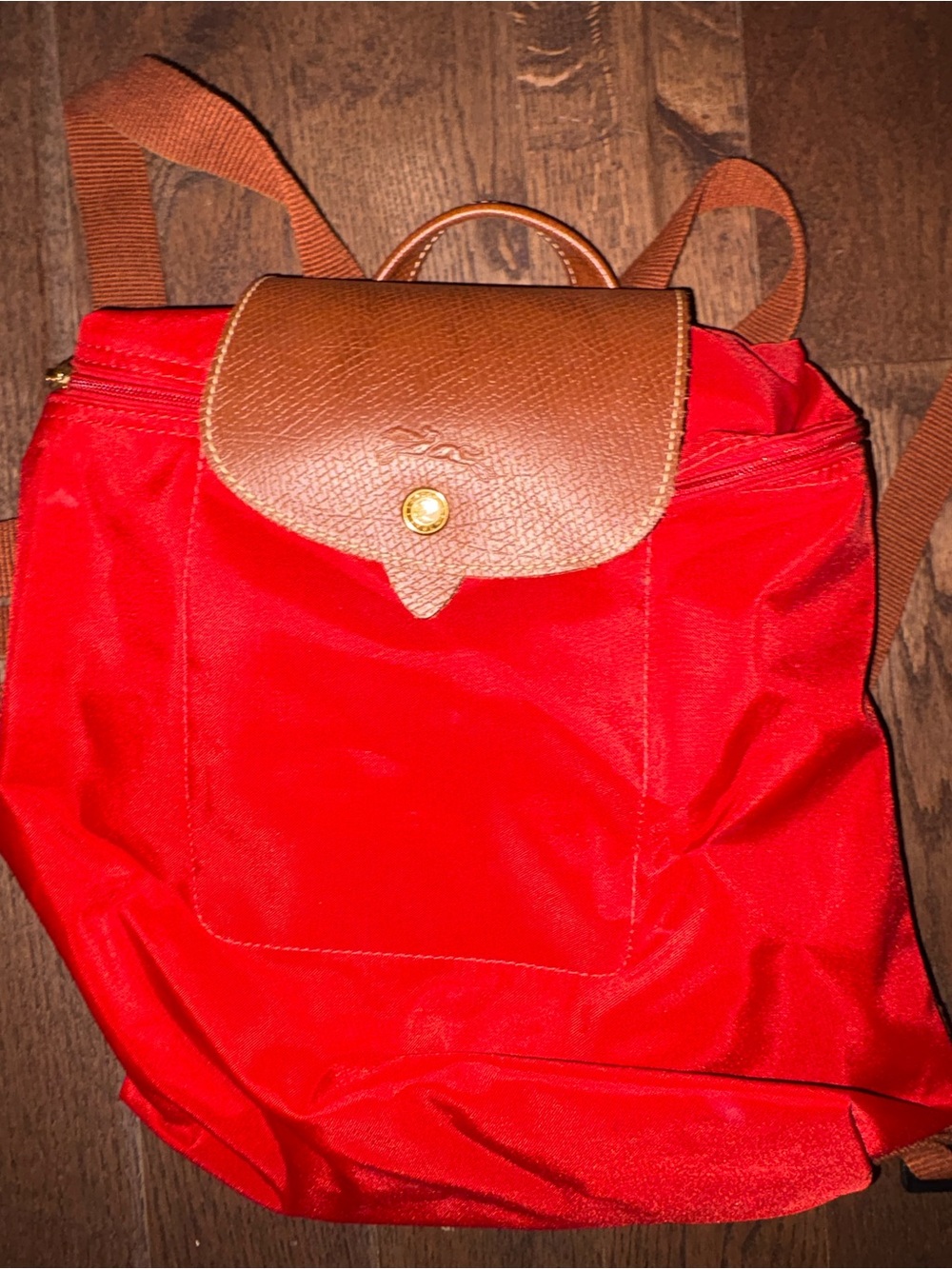 Longchamp Red Nylon Backpack with Brown Leather Flap